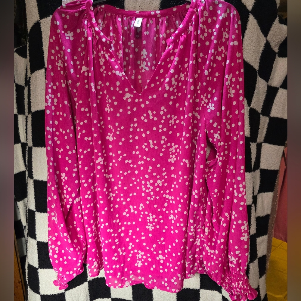 Vibrant Pink Blouse with White Polka Dots